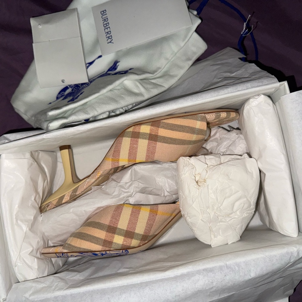 Burberry Beige and Tan Plaid Heeled Mules